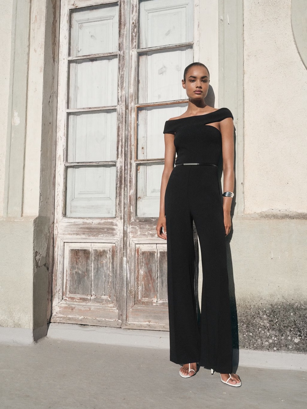 Mango Asymmetric Off-Shoulder Black Wide-Leg Jumpsuit